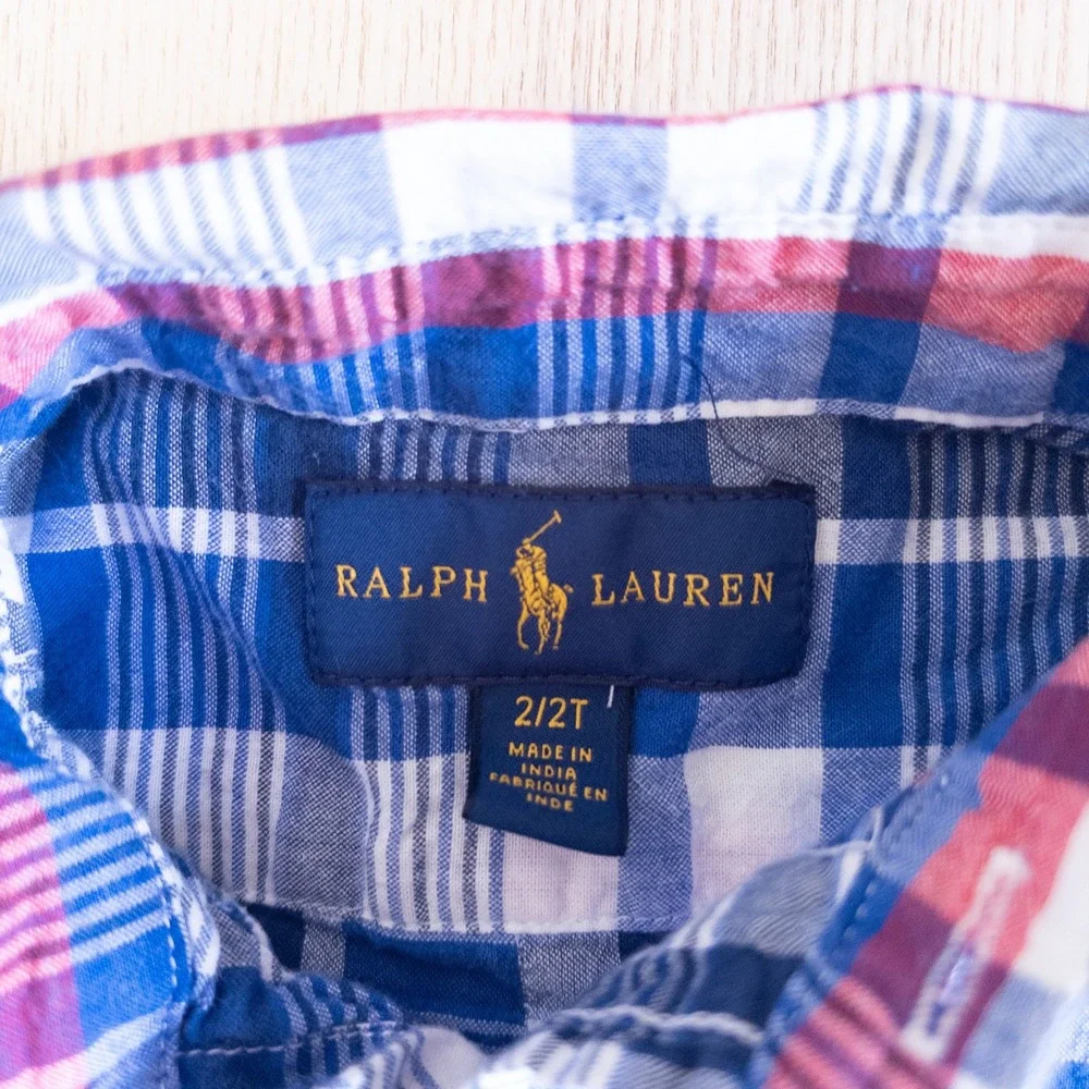 Ralph Lauren Plaid Button Down Shirt Blue White Red Short Sleeve Toddler 2T